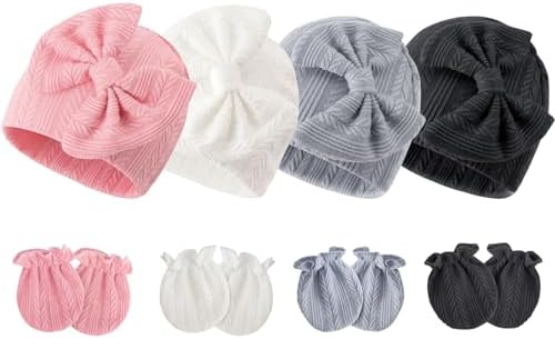Newborn Baby Hats and Mittens Set Infant Bow Beanie Cap Toddler Gloves Newborn by AQOKKA