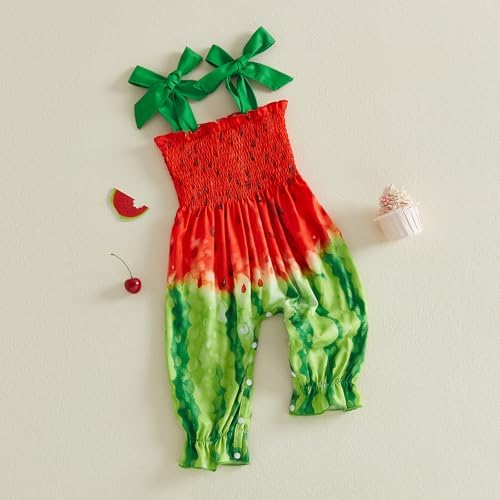 Baby Girl Watermelon Outfit Sleeveless Bubble Romper Strawberry Print Smocked - Image 5
