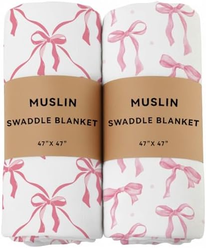 2 Pack Pink Bow Muslin Swaddle Blankets 70% Bambo 30% Cotton Breathable by REZIPO