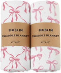 2 Pack Pink Bow Muslin Swaddle Blankets 70% Bambo 30% Cotton Breathable by REZIPO