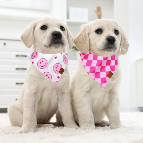 JarThenaAMCS 2Pcs Pink Smile Face Dog Bandana Hot Pink Happy Face Checkered - Image 7