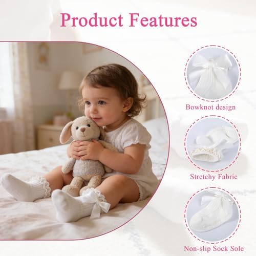 Baby Girl Socks, Ruffle Grip Bows, Toddler Newborn Infant, 6 Pairs - Image 5
