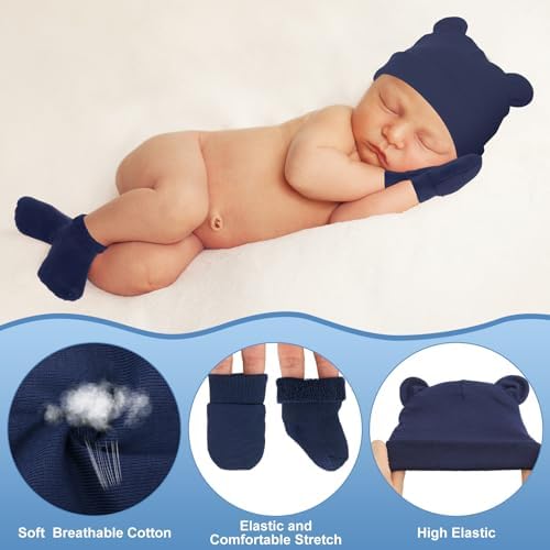 Cuffbow 4 Pcs Preemie Baby Hats Mittens and Socks Set Newborn Cotton Warm Socks - Image 4
