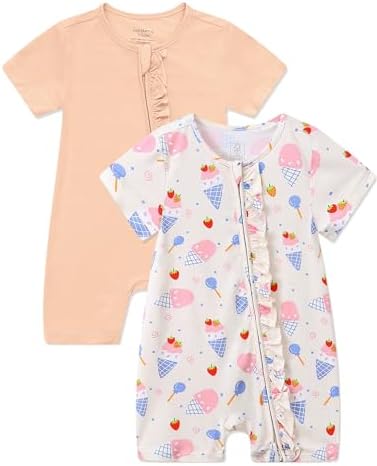 JunNeng Baby Girl Sleeper Viscose from Bamboo, Short Sleeve Romper | 2 Way YKK by JunNeng