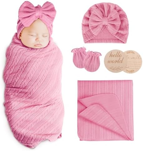 AQOKKA Newborn Receiving Blanket Wheat Ear Bow Hat Mitten Set | 4 Set Receiving by AQOKKA