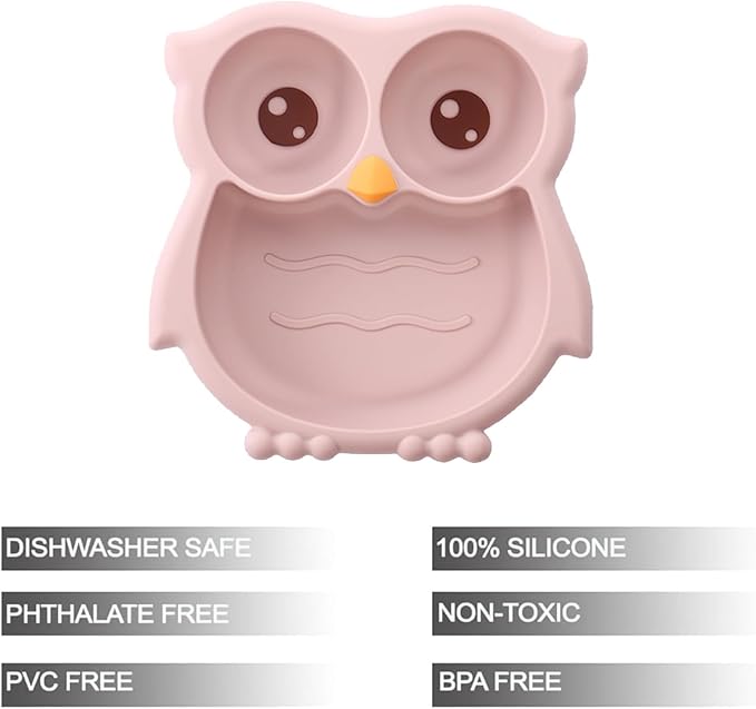 PandaEar Toddler Suction Plates, Stay Put Divided Baby Plates, Owl Shape BPA-Free 100% Food-Grade Silicone Unbreakable Baby Plate, Baby Feeding Supplies (Pink)