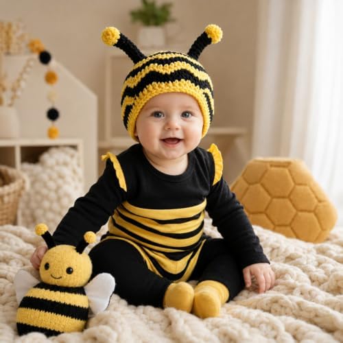 Bumble Bee Baby Knit Hat Soft Cotton Infant Crochet Bee Beanie Cute Animal - Image 2
