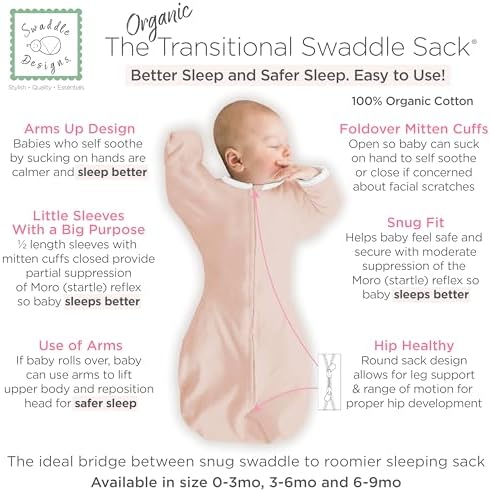 SwaddleDesigns Organic Transitional Swaddle Sack, Arms Up Half-Length Sleeves & - Image 2