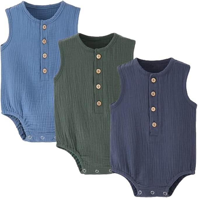 Baby Boy Romper 3 Pack Sleeveless Cotton Linen Tank Top Bodysuit | Breathable by WATOCHE