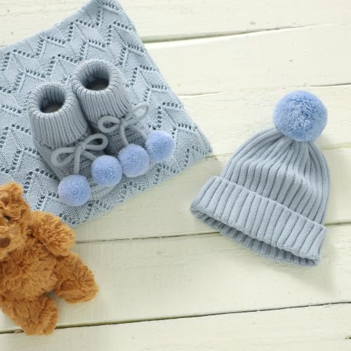 Baby Hats and Booties Set Newborn Knit Pompom Beanie Caps Shoes Winter - Image 2
