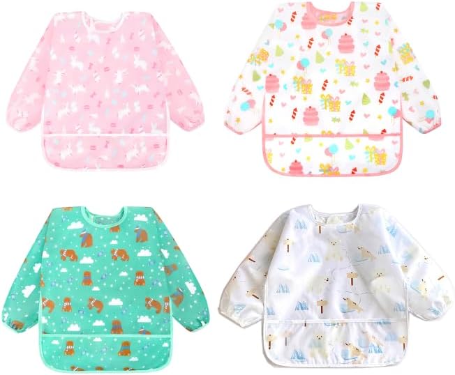 Accmor 4 Pack Long Sleeve Bibs, Baby Smock Waterproof Full Sleeved Bib by Accmor