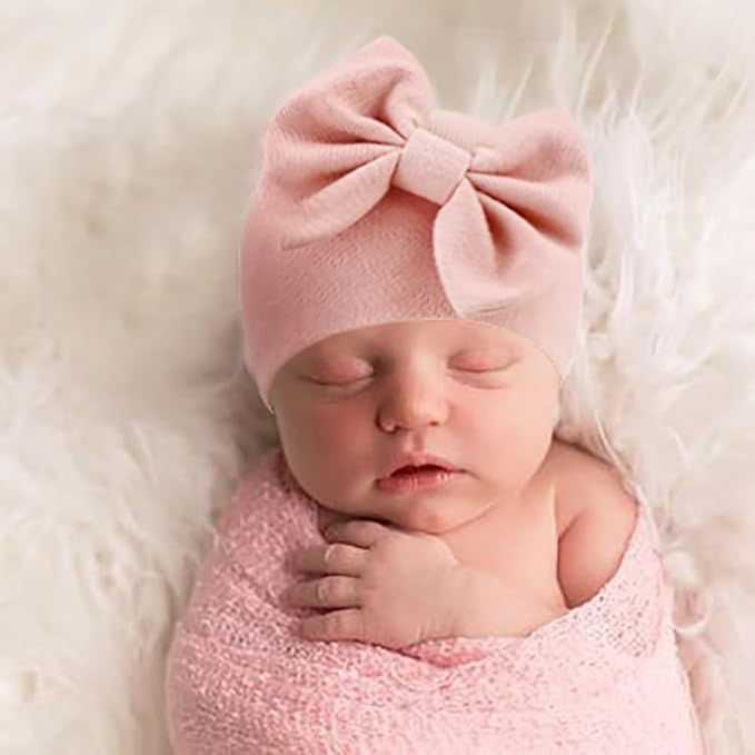 BQUBO Newborn Girls Hats Baby Hat and Mittens Set Infant Caps Bow Hospital - Image 3