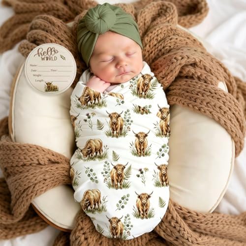 Ylsteed Baby Highland Cow Swaddle Blanket and Headband Set, Newborn Receiving by Ylsteed