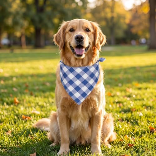 Blue Gingham Dog Bandana, Cotton Linen Adjustable Triangle Dog Scarf Plaid Pet - Image 5
