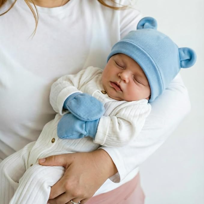 BQUBO Newborn Baby Bear Ears Hats and Mittens Sets Preemie Cotton Caps Baby Boy - Image 7
