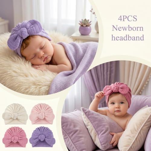 4Pack Preemie Hats Soft Ribbed Knit Baby Girl Turban Bow Hospital Caps - Image 3