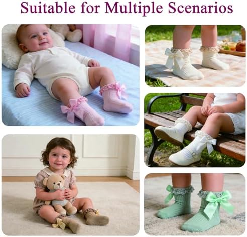 Baby Girl Socks, Ruffle Grip Bows, Toddler Newborn Infant, 6 Pairs - Image 6
