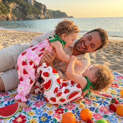 Baby Girl Watermelon Outfit Sleeveless Bubble Romper Strawberry Print Smocked - Image 5