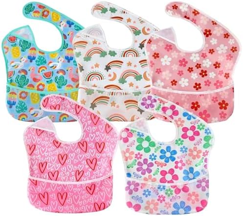 PandaEar 5 Pack Baby Bibs for Boys & Girls, Waterproof Adjustable Mealtime Bibs by PandaEar