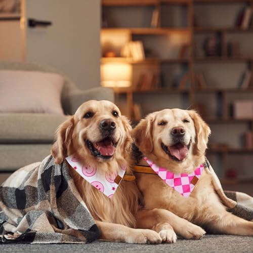 JarThenaAMCS 2Pcs Pink Smile Face Dog Bandana Hot Pink Happy Face Checkered - Image 6