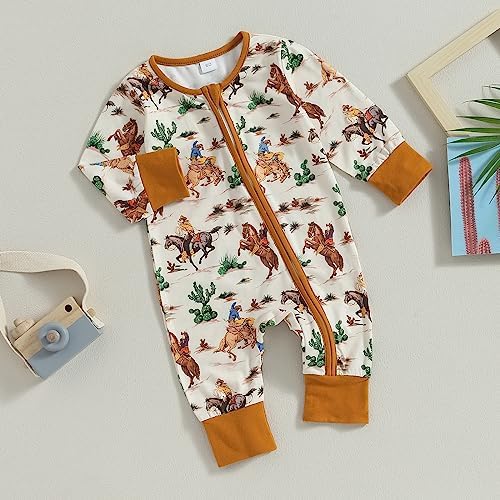 Western Baby Cowboy Clothes Neutral Zipped Fall Romper Outfit - Image 2