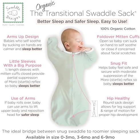 SwaddleDesigns Organic Transitional Swaddle Sack, Arms Up Half-Length Sleeves & - Image 2