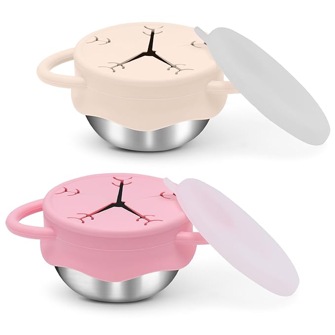 2 Pack Toddler Snack Containers –13.5oz Food Grade Stainless Steel Snack Cups for Toddlers Spill Proof with Snowflake Silicone Lids & Handles, Baby Snack Containers, Dishwasher Safe Toddler Snack Cups
