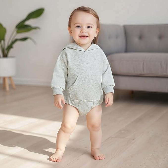 Newborn Baby Girl Boy Hoodie Romper Solid Long Sleeve Hooded Sweatshirt - Image 2