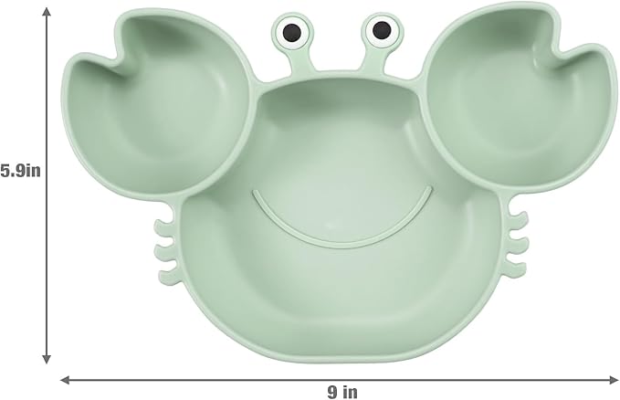 PandaEar 2 Pack Silicone Suction Plates for Toddlers Baby with 4 Spoons Self Feeding, Divided Unbreakable Toddler Plates with Suction, Baby Plates and Utensils Set, Baby Dishes, Green Crab & Pink Bee