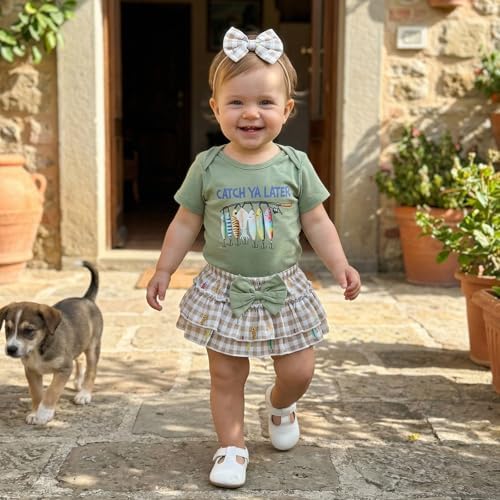 Newborn Baby Girl Fishing Outfit Fish Onesie Short Sleeve Romper Ruffle Plaid - Image 3