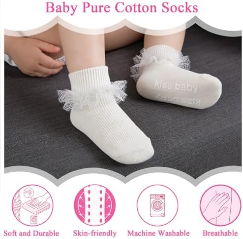 Baby Girl Ruffle Socks with Grips Lace Frilly Ankle Dress Socks - Image 3