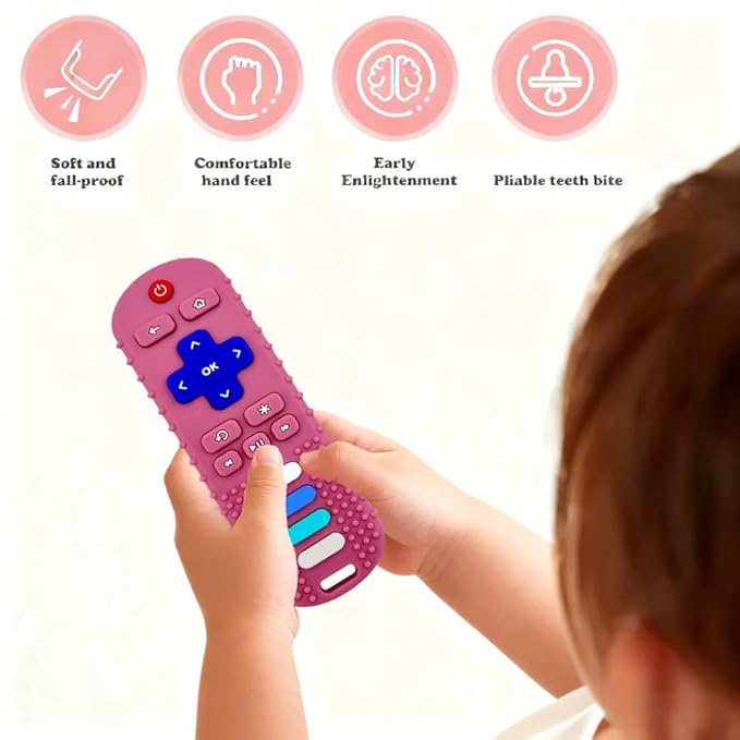 Baby Teething Toys-TV Remote Control Shape Silicone Infants Teething Toys for Babies 0-18 Months,BPA-Free (Pink)