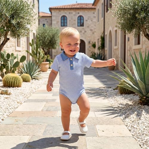 VISGOGO Baby Boy Striped Romper Waffle Short Sleeve Button Oversized Bodysuit - Image 2