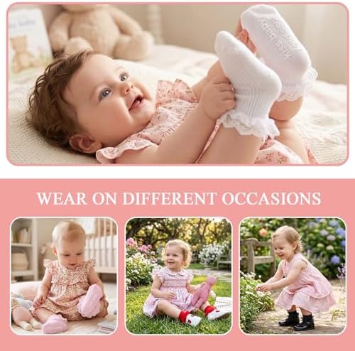 Baby Girl Ruffle Socks with Grips Lace Frilly Ankle Dress Socks - Image 6