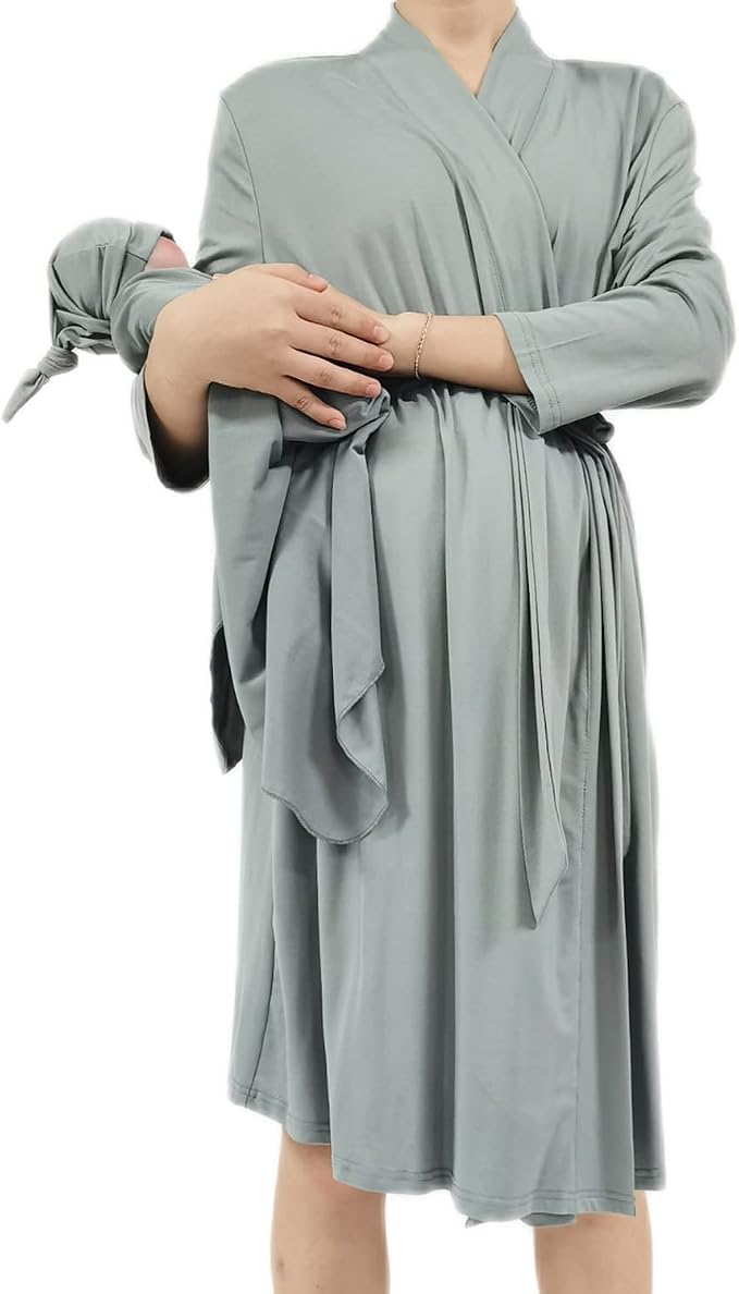 SUFEINI Maternity Robe and Matching Baby Swaddle Blanket Set, Mommy Robe - Image 3