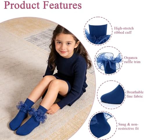 Girls Ruffle Socks Double Lace Turn Cuff Frilly Church Dress Socks - Image 5