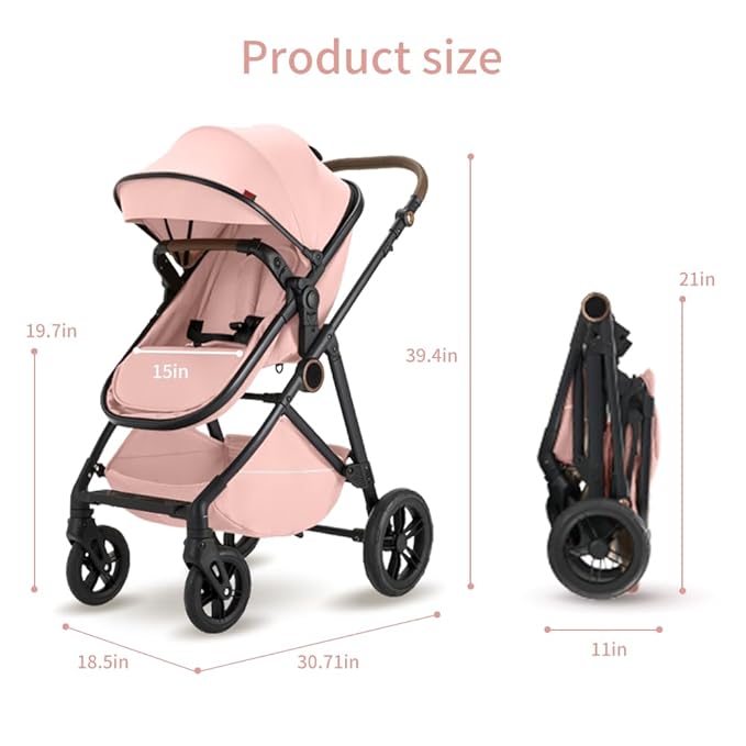 2 in 1 Baby Stroller, High Landscape Infant Stroller Pram Foldable Pushchair with Adjustable Canopy, Storage Basket, Suspension Wheels,5-Point Harness,Mom Bags (Brown)