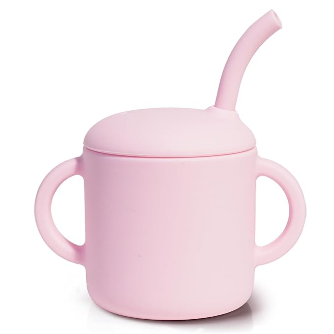 Silicone Baby Cup with Straw, Straw Cup for 6 months+ old, Leak Proof Silicone Baby Training Cup 6 fl oz (Pink)