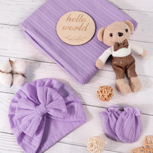 AQOKKA Newborn Receiving Blanket Wheat Ear Bow Hat Mitten Set | 4 Set Receiving - Image 2
