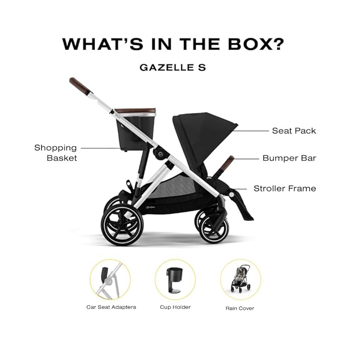 Cybex Gazelle S All-in-One Toddler and Baby Stroller with Over 20 Modular Configurations, Ergonomic Near-Flat Recline, Shopper Basket, and Compact Fold, Moon Black, Silver Frame