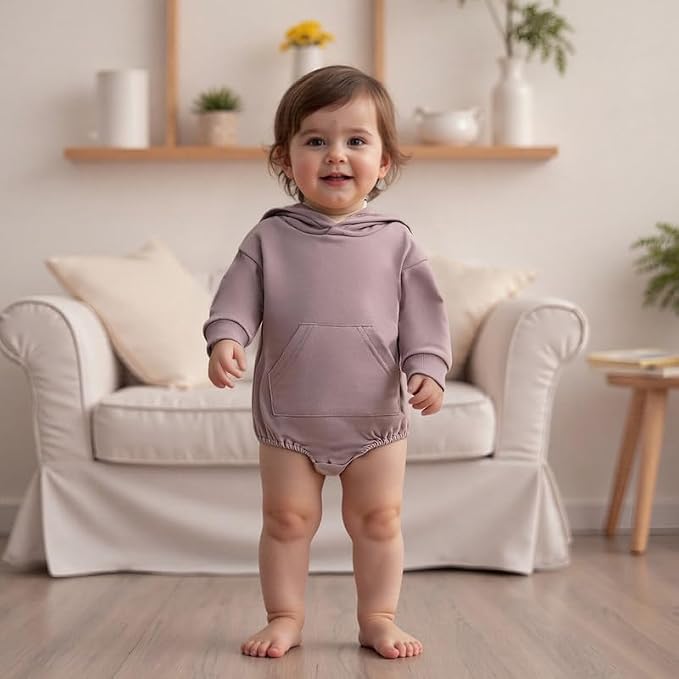 Newborn Baby Girl Boy Hoodie Romper Solid Long Sleeve Hooded Sweatshirt - Image 2
