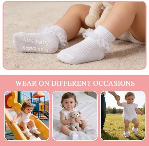 Baby Girl Ruffle Socks with Grips Lace Frilly Ankle Dress Socks - Image 5