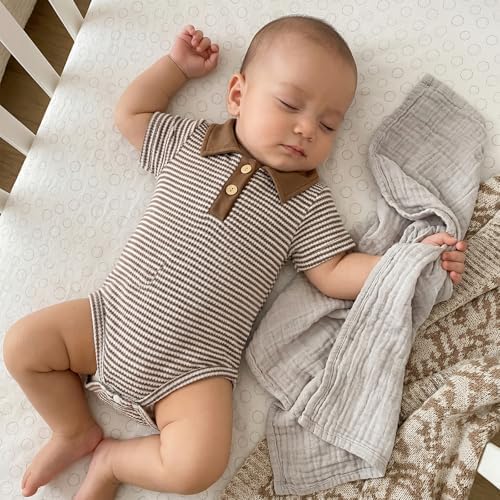 VISGOGO Baby Boy Striped Romper Waffle Short Sleeve Button Oversized Bodysuit - Image 2