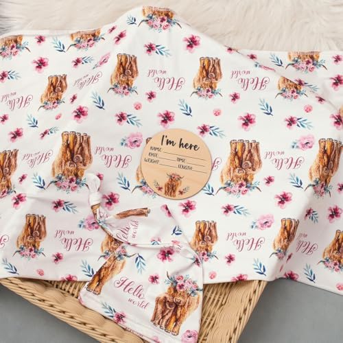 Ylsteed Baby Highland Cow Swaddle Blanket and Headband Set, Newborn Receiving - Image 3