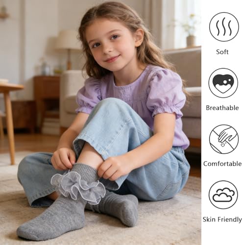 Girls Ruffle Socks Double Lace Turn Cuff Frilly Church Dress Socks - Image 5