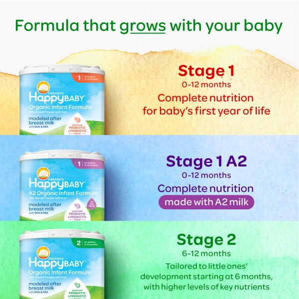 Happy Baby Organics Stage 1 A2 Infant Formula, 0 12 Months, Milk Based Organic Baby Formula Powder with A2 Milk, Probiotics & Prebiotics for Immune & Digestive Support, 22.9 Ounce (Pack of 3)