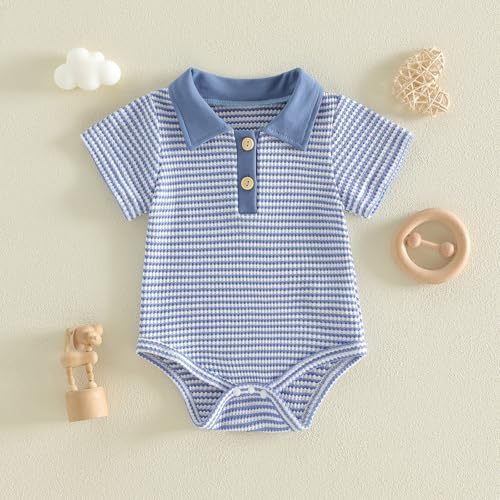 VISGOGO Baby Boy Striped Romper Waffle Short Sleeve Button Oversized Bodysuit - Image 4