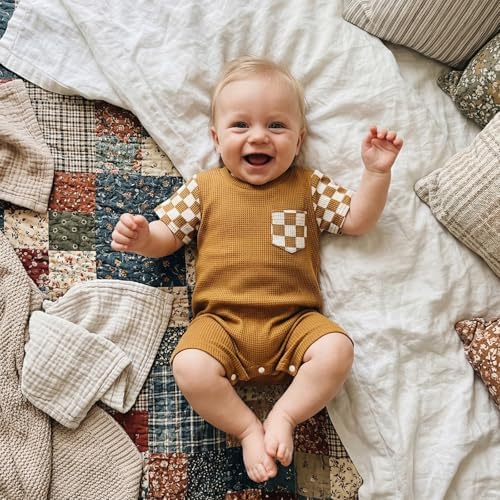Newborn Baby Boy Girl Clothes Checkered Plaid Romper Waffle Knit Short Sleeve - Image 2