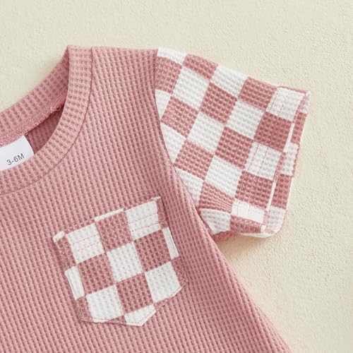Newborn Baby Boy Girl Clothes Checkered Plaid Romper Waffle Knit Short Sleeve - Image 6