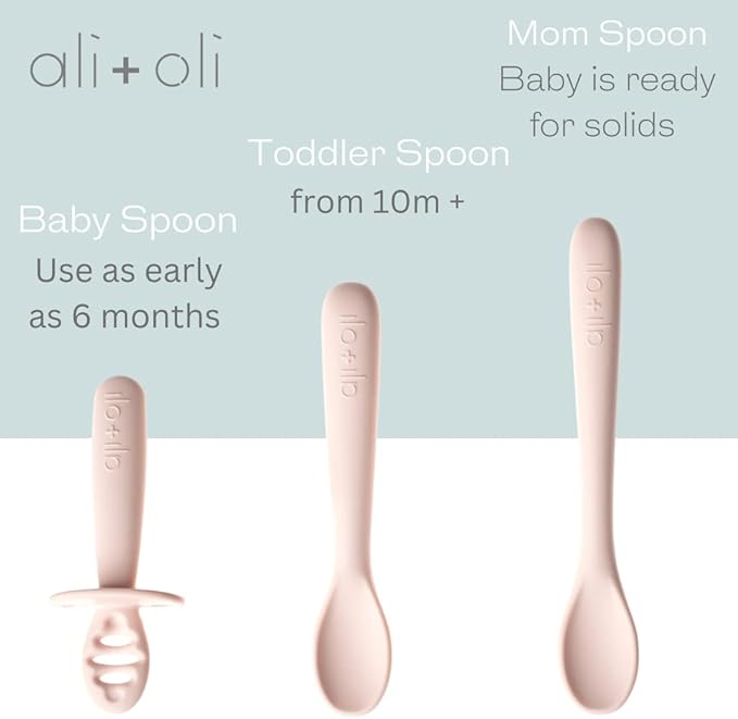 Ali+Oli (3pc) Silicone Spoon Set for Baby (Blush) Unbreakable Baby Spoons, Self Feeding Utensils, Multi-stage Design, Ergonomic Handle